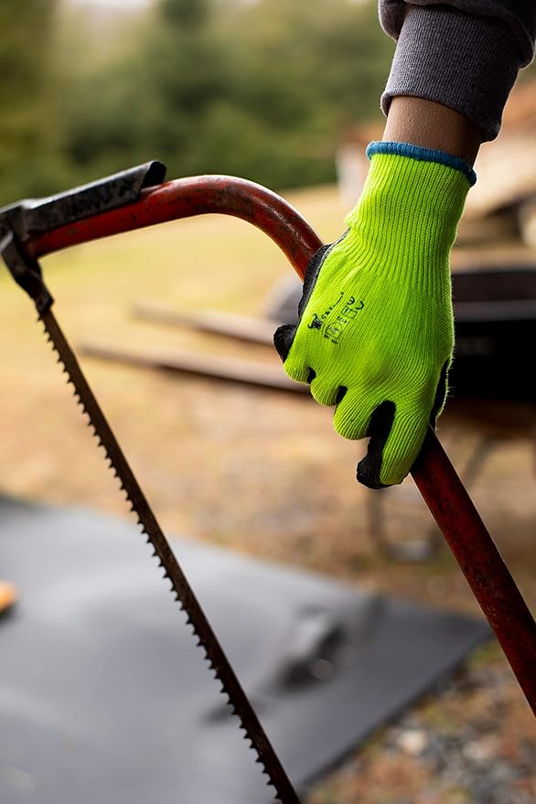 G & F Products G & F 1516 12 Pairs Pack Premium High Visibility Work and gardening Gloves for Men and Women. MicroFoam Textured Coated Palm and Fingers Gloves for Gardening Work, Size Small, Green