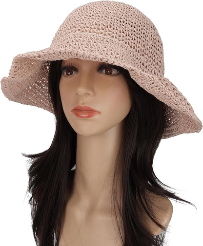 Womens Wide Brim Straw Sun Hat Foldable Floppy Crochet Beach Hat for Summer