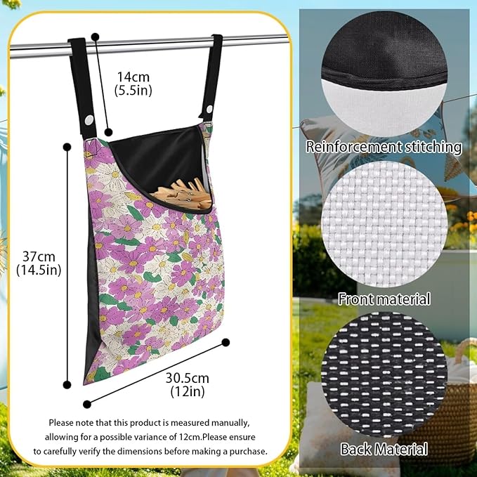 2 Pcs Hippie Flowers Clothes Pin Bag Clothespin Bag Holder 14.5 X 12 Inch Clothes Pin Hanging Bag for Clothesline Outdoor Outside Wardrobe and Laundry Room