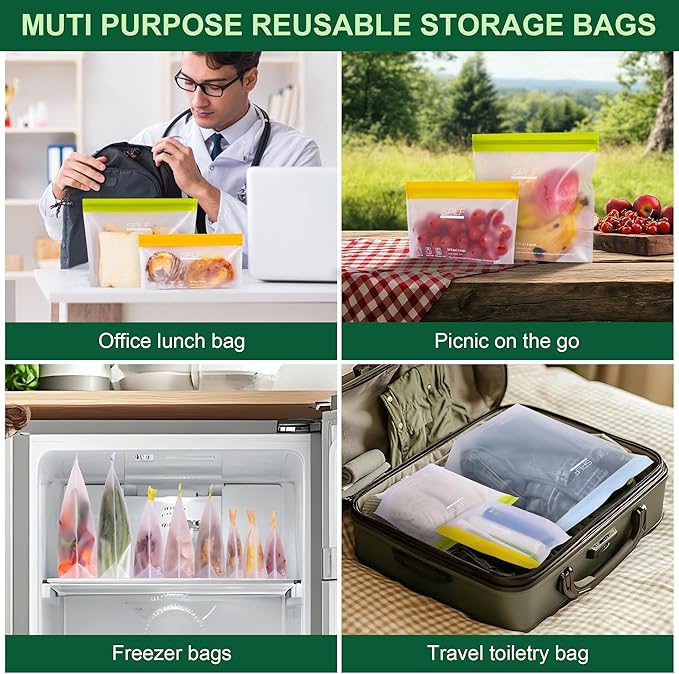 SPLF 10 Pack Stand-Up Reusable Food Storage Bags Dishwasher Safe, BPA Free Reusable Freezer Bags, Extra Thick Silicone for Meal Prep, Sandwich, Bread, Veggies - 3 Gallon 4 Quart 3 Snack