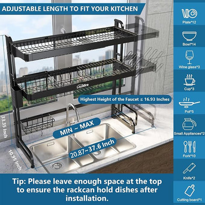 Over Sink Dish Drying Rack, 3 Tier Adjustable Length Full Stainless Steel Large - Image 2