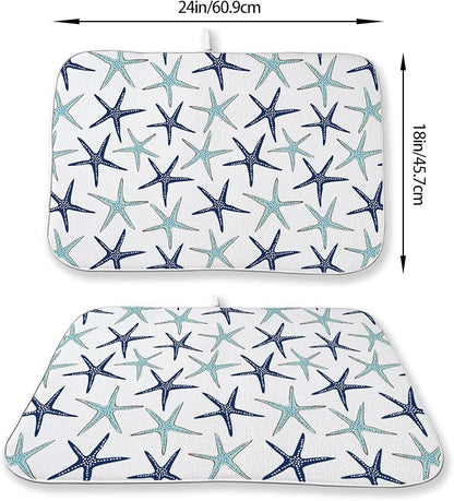 Coastal Dish Drying Mat 18x24 Inch Summer Navy Blue Teal Turquoise Starfish - Image 2