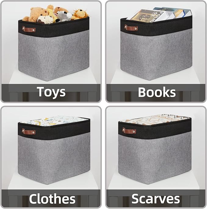 HNZIGE Fabric Storage Baskets Large Cloth Baskets Set of 2, Rectangular Shelf Baskets with Handles for storage, Foldable Tall Baskets for Organizing Linen Closet Organizers(Gray Black)