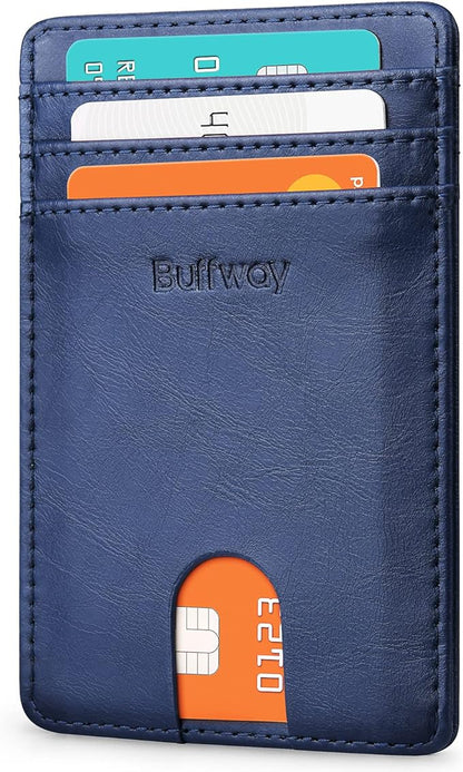 Buffway Mens Slim Wallet, Minimalist Thin Front Pocket Leather Credit Card Holder with RFID Blocking for Work Travel
