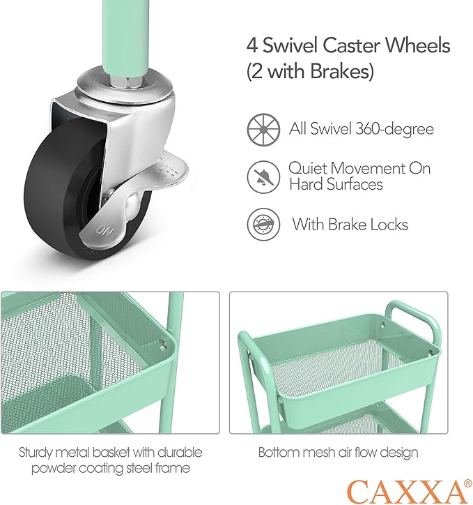 CAXXA 3-Tier Rolling Metal Storage Organizer - Mobile Utility Cart, Kitchen Cart with Caster Wheels (Aqua Green)