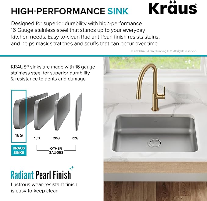 KRAUS Dex 25-inch Undermount 16 Gauge Stainless Steel Single Bowl ADA Kitchen Sink, KA1AS25B