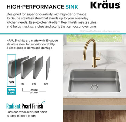 KRAUS Dex 25-inch Undermount 16 Gauge Stainless Steel Single Bowl ADA Kitchen Sink, KA1AS25B