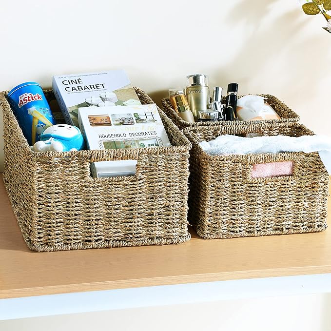HOONEX Large Wicker Baskets for Storage, Seagrass Baskets with Dual Handles, Woven Baskets for Storage, Set of 3, Natural