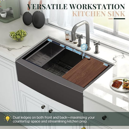 32.5-Inch Undermount Kitchen Sink Workstation, 16 Gauge Stainless Steel Single Bowl Kitchen Sink with Cutting Board, Drying Rack, Roll-Up Rack and Drain Assembly