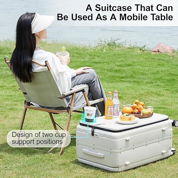 Hanke Multifunctional 26 Inch Checked Luggage Hard Shell Suitcases with Wheels Travel Trunk Style Luggage Large Rolling Suitcase for Women Men(Ivory White)