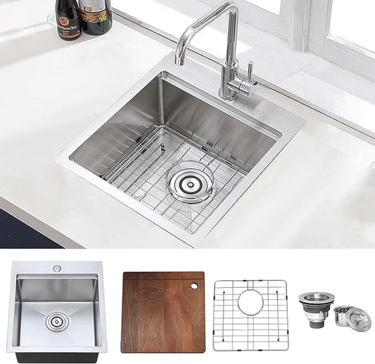 COMLLEN 17x19 Inch Drop in Bar Sink, Outdoor Sink 304 Stainless Steel Kitchen Workstation, 16 Gauge 9 Inch Deep Brushed Nickel, RV Laundry Utility Kitchen Sinks with Cutting Board Grid Drain