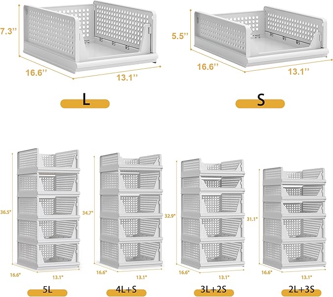 Proarea 5 Pack Stackable Plastic Storage Basket Closet Organizer Bin Foldable Clothes Organizer Storage Drawer Shelf Container for Living room Bathroom Kitchen Office (4L+1S)