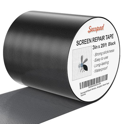Black Window Screen Repair Tape, 3IN X 25FT Screen Repair Kit by Secopad