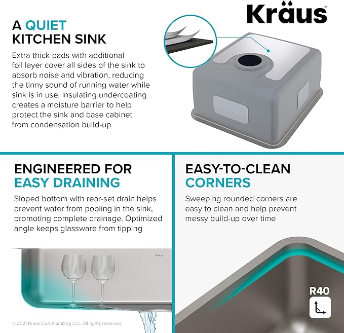 KRAUS Dex 17-Inch Undermount Single Bowl TRU16 Gauge Stainless Steel Kitchen Bar Sink with DrainAssure WaterWay and VersiDrain Assembly in Radiant Pearl Finish, KD1US17B