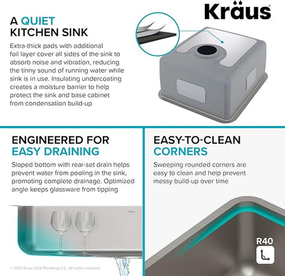 KRAUS Dex 17-Inch Undermount Single Bowl TRU16 Gauge Stainless Steel Kitchen Bar Sink with DrainAssure WaterWay and VersiDrain Assembly in Radiant Pearl Finish, KD1US17B