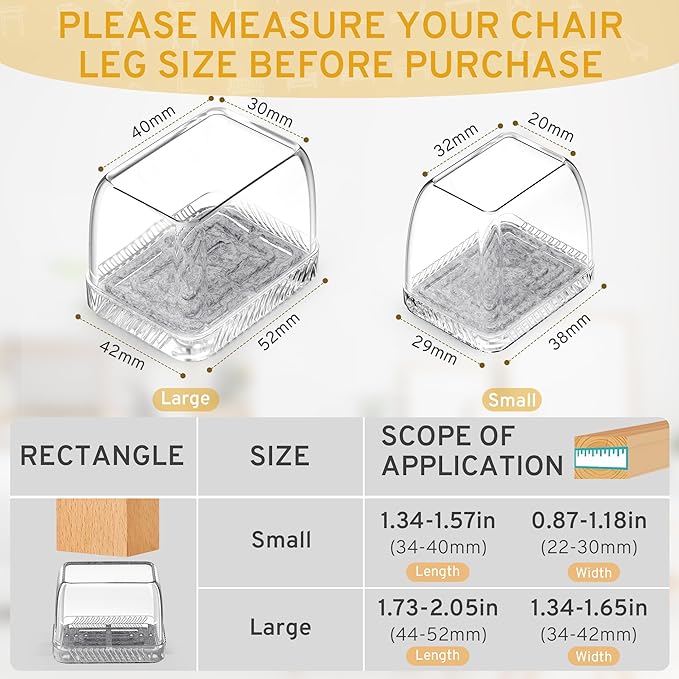 24PCS Rectangular Chair Leg Floor Protectors, Furniture Sliders, Non-Slip Felt Furniture Pads for Hardwood Floors, Silicone Cap Covers to Protect Floors,(Fit L :1.34-1.57", W: 0.87-1.18")