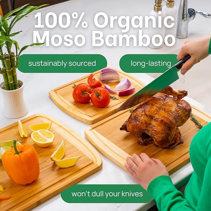 Extra Large Bamboo Cutting Board Set – Wood Cutting Boards for Kitchen, Non Toxic Cutting Board Set for Chopping, Slicing, Carving, Charcuterie – Ideal for Home Cooks, Entertaining, Family Meals