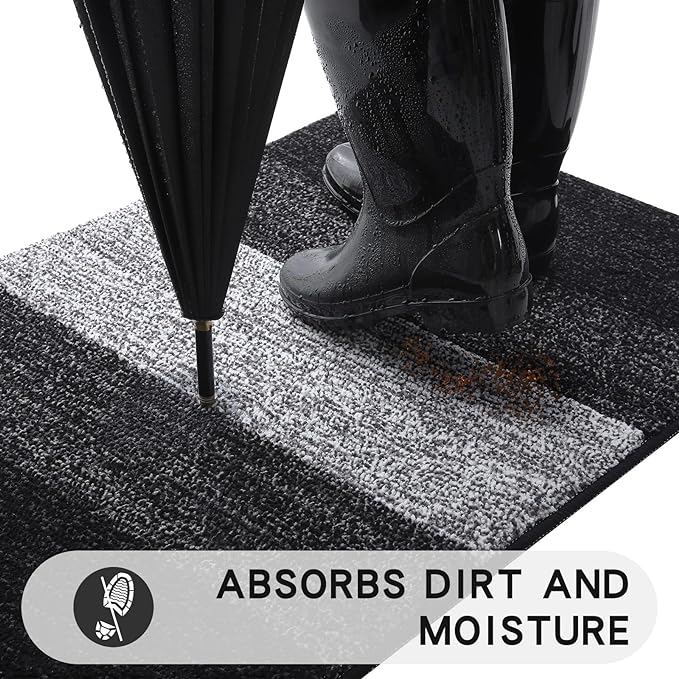 Kitinjoy Indoor Outdoor Door Mat, 48x30 Non-Slip Absorbent Dirt Trapper, Low-Profile Washable Inside Entrance Front Floor Mat, Sturdy Soft Entry Doormats for Entryway, Black