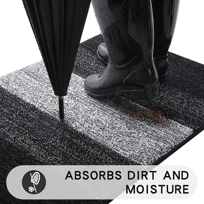 Kitinjoy Indoor Outdoor Door Mat, 47x24 Non-Slip Absorbent Dirt Trapper, Low-Profile Washable Inside Entrance Front Floor Mat, Sturdy Soft Entry Doormats for Entryway, Black
