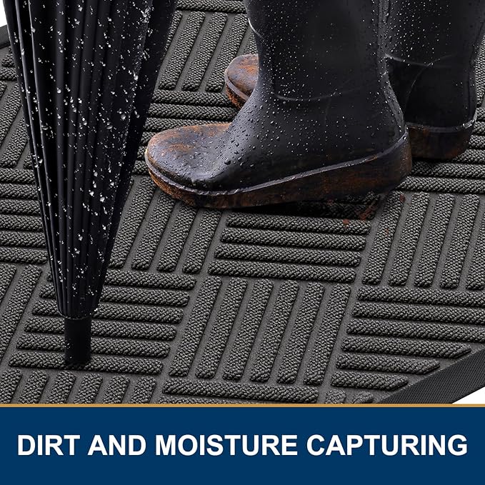 Smiry Front Door Mat Outside Entrance, Heavy Duty Outdoor Indoor Natural Rubber Doormat, Non Slip, Trap Dirt and Moisture, Easy Clean, Low Profile Patio Porch Entryway Mat, 59x20, Grey