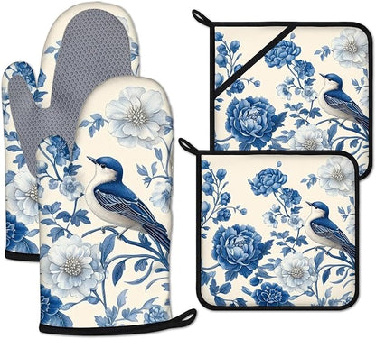 Blue Bird Blooming Flower Oven Mitts and Pot Holders Sets Heat Resistant 4Pcs by ANTJOO