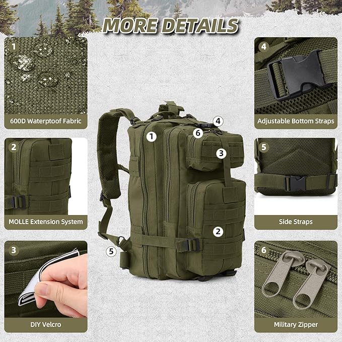 Small Military Tactical Backpack, 30L Tactical Assault Bag for Men, Army Assault Rucksack GYM Hiking Backpack Bug Out Bag Amy Green