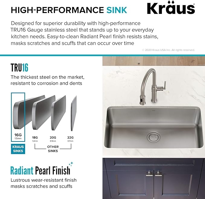 KRAUS Dex 33-inch Undermount 16 Gauge Stainless Steel Single Bowl Kitchen Sink, KA1US33B