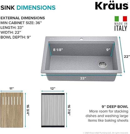 KRAUS Bellucci Workstation 33 in. Drop In Single Bowl Granite Kitchen Sink in Metallic Gray with Accessories, KGTW2-33MGR