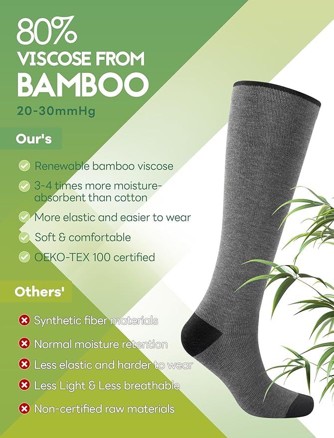 Bamboo Viscose Compression Socks for Women & Men (6 Pairs) 20-30 mmHg Knee High Support for Nurses Travel Pregnant