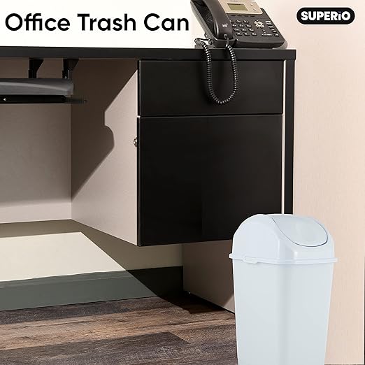 Superio Small 2.5 Gallon Plastic Trash Can with Swing Top Lid, Compact Slim Waste Bin for Under Desk, Office, Bedroom, Bathroom, Dorm Room, 10 Qt. Portable Garbage Can (White)