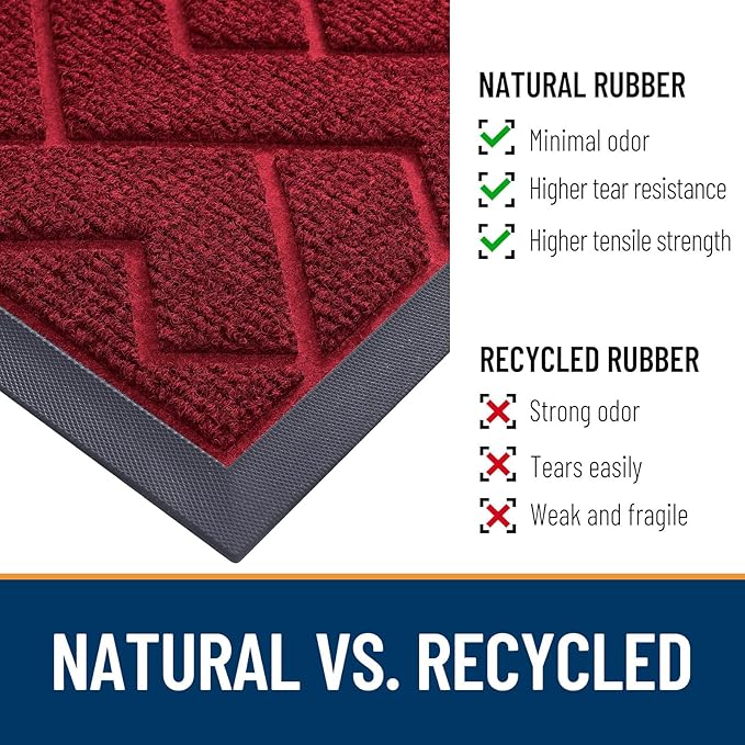 OLANLY Front Door Mat Indoor Outdoor Entrance, Waterproof All-Season, All-Weather Doormat, Sturdy Natural Rubber, Low Profile, Easy Clean Patio Porch Entryway Mat, Herringbone Brick (Wine Red, 59x35)