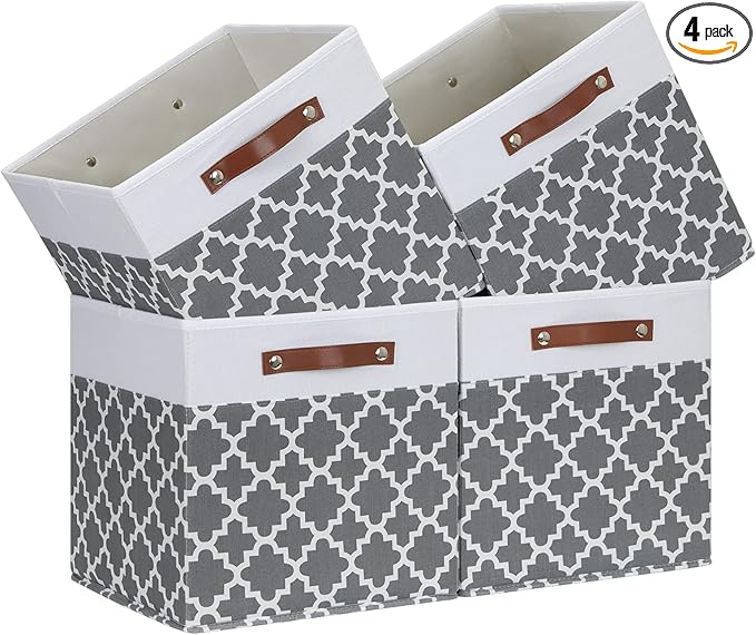 Temary Cube Storage Bins 13x13 Cubes Storage Bins for Shelf, 4 Pack Cube Storage Bins for Organizing Storage Basket with Handles(Grey Lattice)