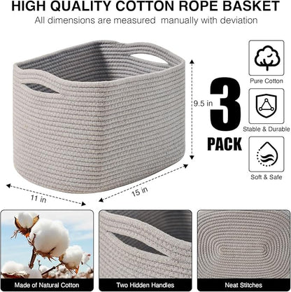 Storage Baskets for Organizing Shelves, Woven Cotton Rope Bins for Baby Nursery - Image 3