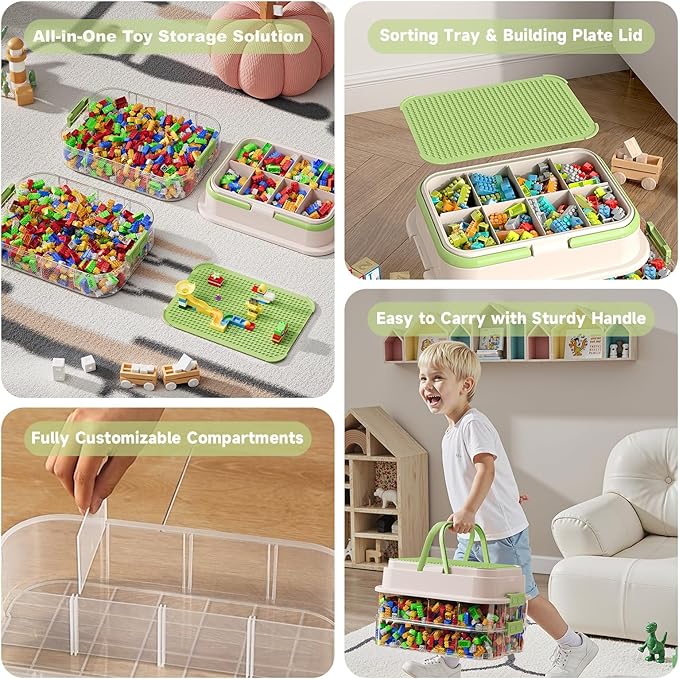 Toy Storage Organizer Box with Handle, Stackable Building Block Toy Box with Building Plate Lid & Removable Sorting Trays, Cubby Bins and Containers 3 Layer (Green)