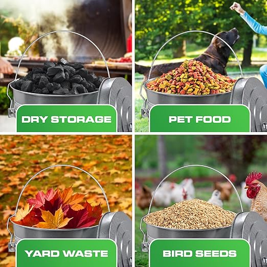 Plexon 6 Gallon Small Metal Trash Can with Locking Lid Galvanized Metal Bucket for Poultry Feed Bird Seed Storage Ash Outside Garbage Can with Lid, 3 Pack