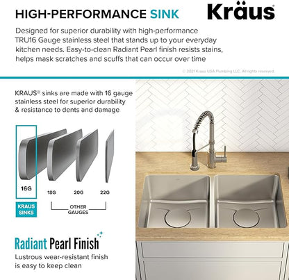 KRAUS Dex 33-Inch Undermount 50/50 Double Bowl TRU16 Gauge Stainless Steel Kitchen Sink with DrainAssure WaterWay and VersiDrain Assembly in Radiant Pearl Finish, KD1UD33B
