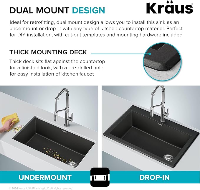 KRAUS Forteza 33-inch Drop In/Undermount Single Bowl Granite Kitchen Sink in Grey, KGD-54GREY