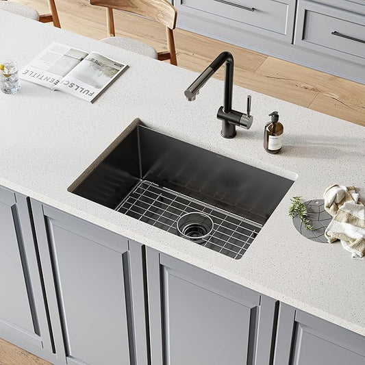 TORVA 25 x 18 Inch Gloss Black Ceramic Coating with NanoTek Undermount Kitchen Sink, PVD Coated Gunmetal Sink,16 Gauge Stainless Steel Wet Bar or Prep Sinks Single Bowl, Dark Gray