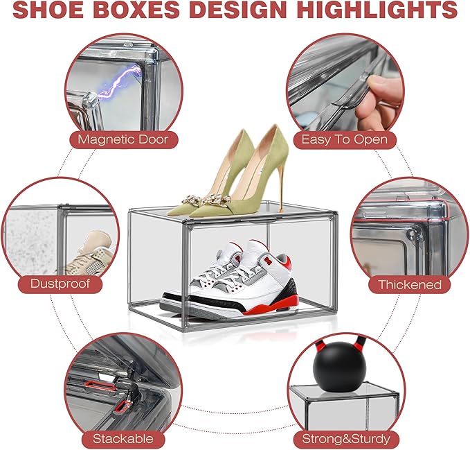 Shoe Organizer for Closet Clear Storage Box Sturdy Plastic Stackable Shoe Rack Sneaker Display Case with Magnetic Lids, 1 Pack Size 13