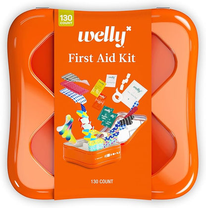 Welly First Aid Kit - Adhesive Flexible Fabric and Waterproof Bandages, Tape and Non-Stick Pads, Butterfly Strips, Single Use Ointments Triple Antibiotic and Hydrocortisone, and Ibuprofen - 130 Count