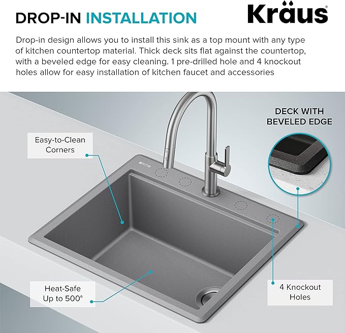 KRAUS Bellucci 25-inch Granite Workstation Drop In Top Mount Single Bowl Kitchen Sink in Metallic Black with Accessories, KGTW12-25MBL