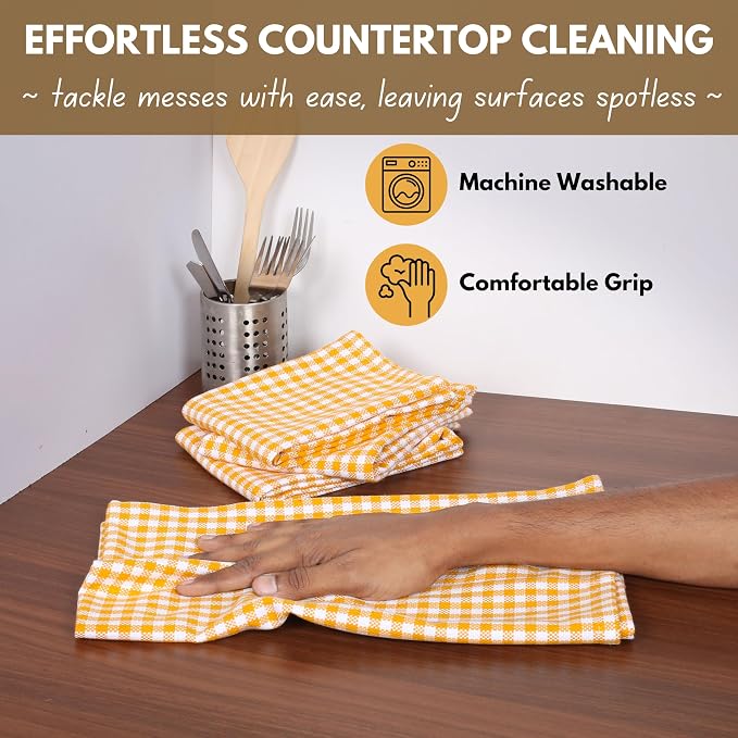 Native Fab 4 Pack Yellow Gingham Cotton Dish Towels 16"x26" - Image 2