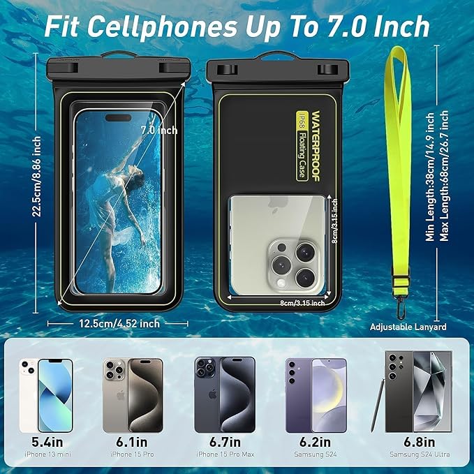 Marine IP68 Waterproof Phone Pouch, Floating Waterproof Phone Case with iPhone 16/15 Pro Max/ 14 Pro Max/ 13 Pro Max/ 12/ S24 Up to 7 inch, 2 Pack Black/Hi-Vis Yellow