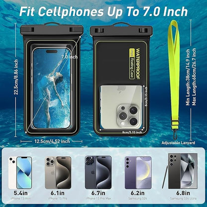 Marine IP68 Waterproof Phone Pouch, Floating Waterproof Phone Case with iPhone 16/15 Pro Max/ 14 Pro Max/ 13 Pro Max/ 12/ S24 Up to 7 inch, 2 Pack Black/Hi-Vis Yellow
