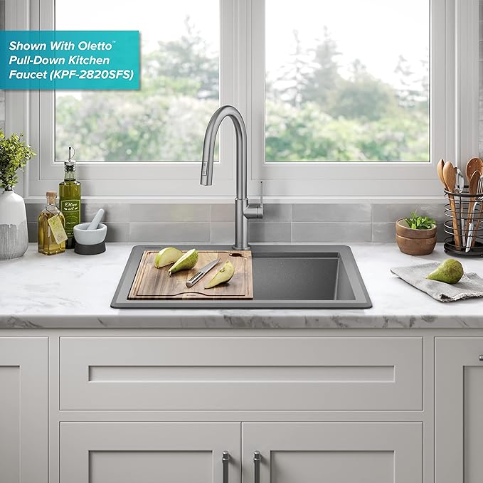 KRAUS Bellucci 25-inch Granite Workstation Drop In Top Mount Single Bowl Kitchen Sink in Metallic Grey with Accessories, KGTW12-25MGR