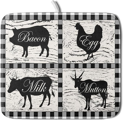 Farmhouse Animal Dish Drying Mat Buffalo Plaid Drainer Rack Mats Fast Dry by Giwawa