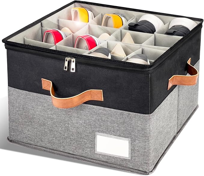 Shoe Organizer for Closet, Foldable Shoe Storage Bins with Clear Cover, Space Saving Shoes Holder with 4 Handles, Large Adjustable Shoe Box Storage Containers, Fits 8-16 Pairs, 1 Pack, Black