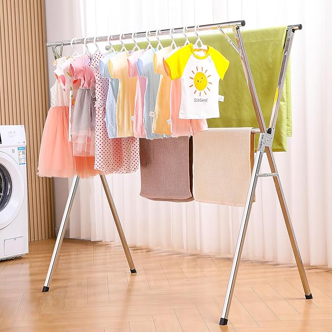 funest Drying Rack Clothing, 79 Inches Adjustble & Foldable Laundry Drying Rack, Heavy Duty Stainless Steel Clothes Drying Rack with 20 Hooks, 12 Clips, Suitable for Indoor, Outdoor and Balcony