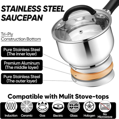 E-far 2 Quart Saucepan with Lid, Tri-Ply Base Stainless Steel Small Sauce Pan - Image 3