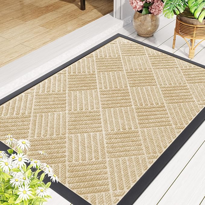 Smiry Front Door Mat Outside Entrance, Heavy Duty Outdoor Indoor Natural Rubber Doormat, Non Slip, Trap Dirt and Moisture, Easy Clean, Low Profile Patio Porch Entryway Mat, 29.5x17, Beige
